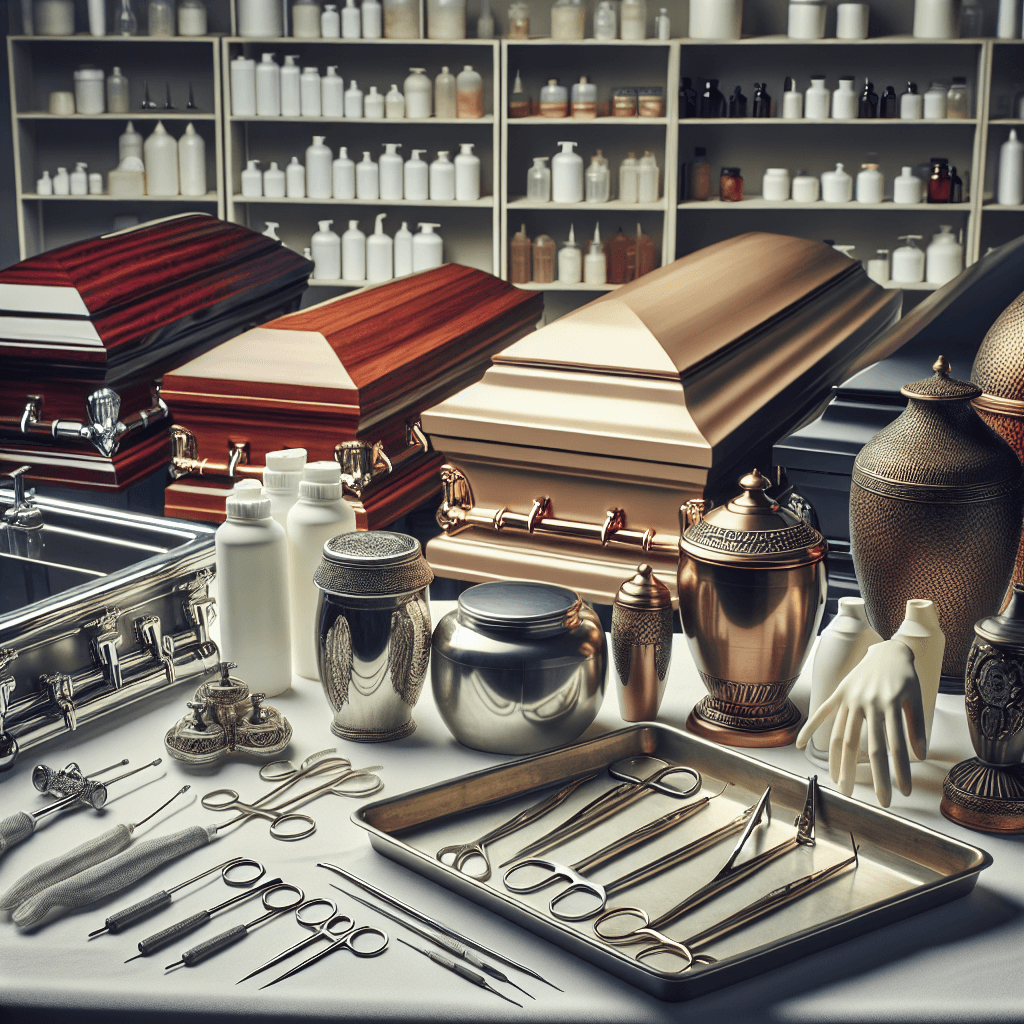 A display of affordable funeral supplies and equipment, including mortuary racks, prep tables, and church trucks, provided by American Mortuary Coolers, highlighting their commitment to quality and reliability in funeral services.