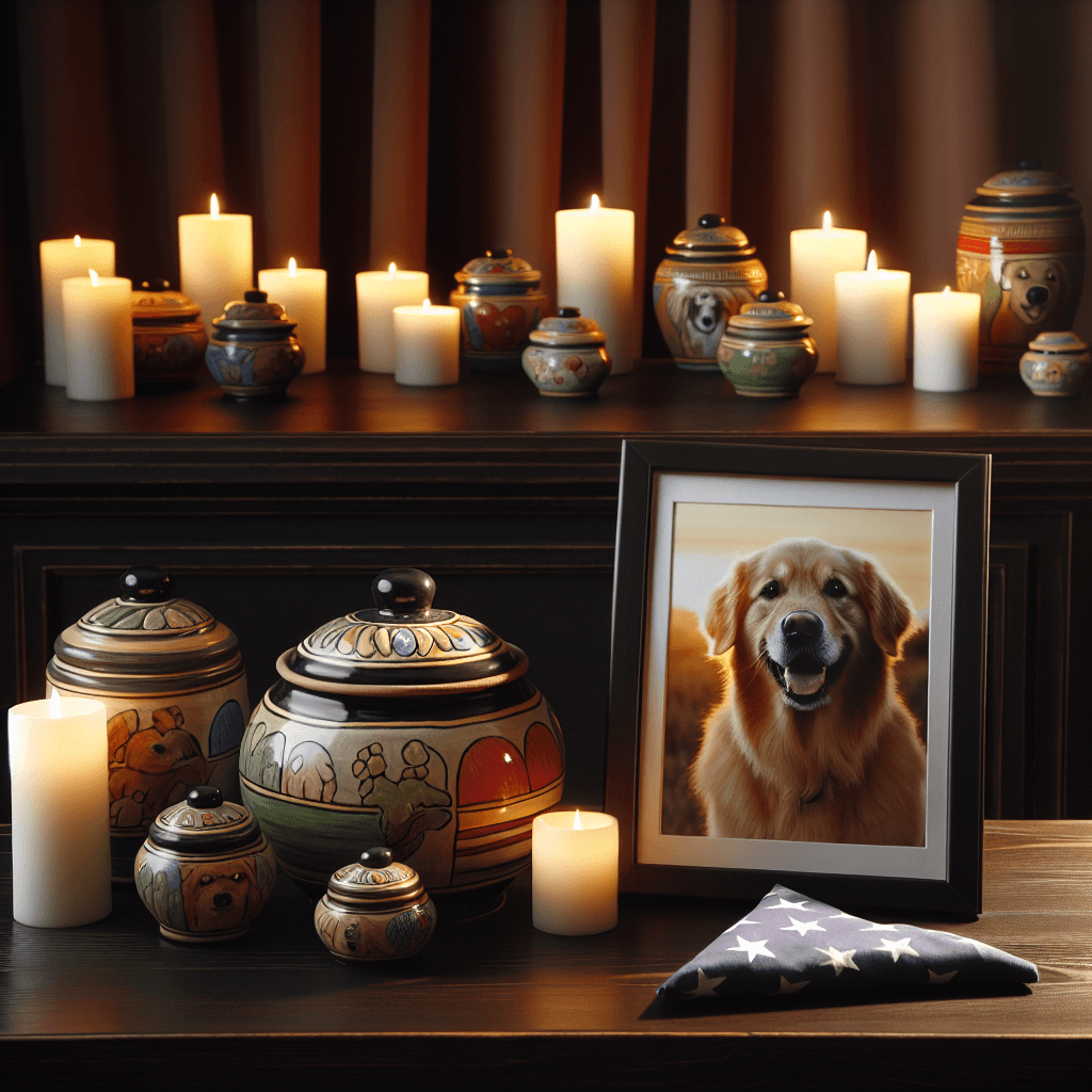 Pet cremation services showing emotional support, featuring a serene setting with a comforting urn surrounded by gentle colors, symbolizing healing after the loss of a beloved feline or canine companion.