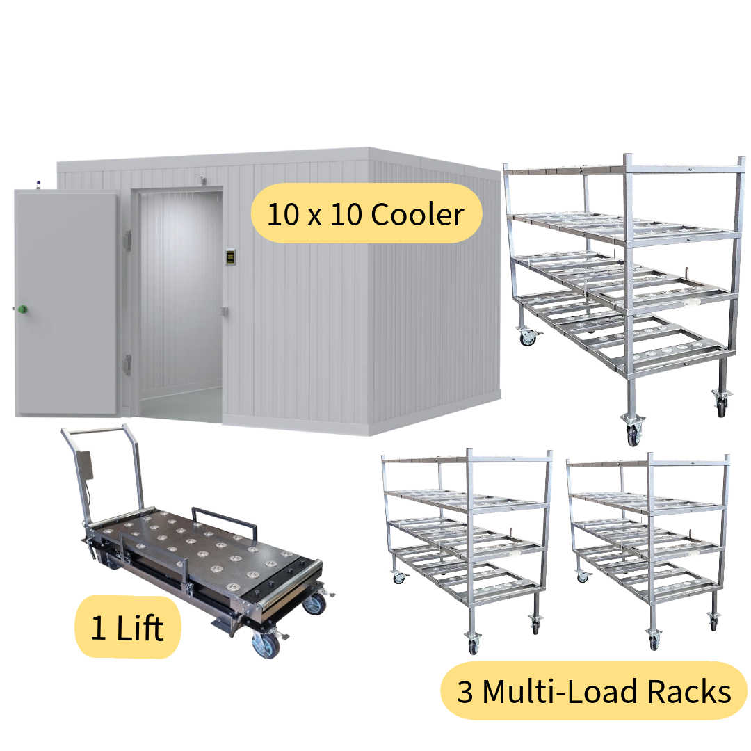 Front view of walk-in mortuary cooler with stainless steel multi-tier mortuary racking system, built by American Mortuary Cooler Authority.