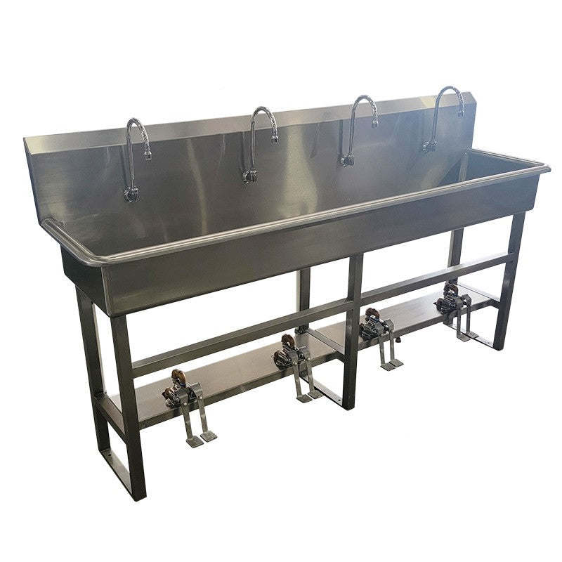 Complete foot pedal sink setup with eyewash and disposal attachments – optional features not included.