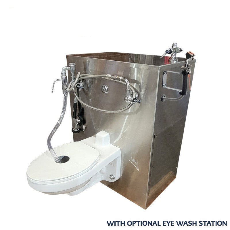 THE PREP ROOM AUTHORITY'S 1036-9FS EMBALMING STATION, ENGINEERED WITH AN INTEGRATED MOUNTED TOILET AND SPLASH GUARD.