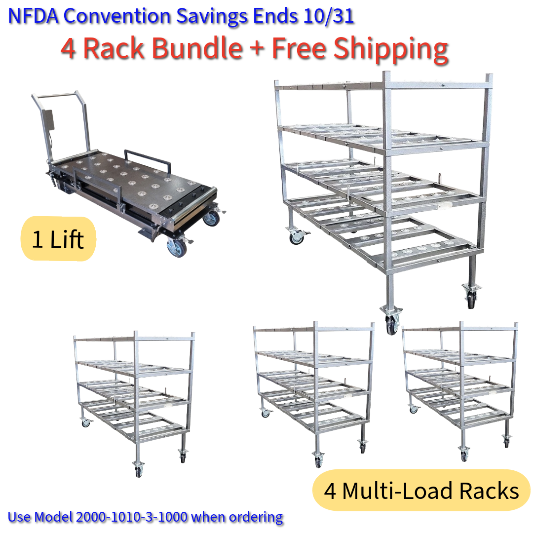 HD 1000 Low-Profile Mortuary Lift loading cadaver tray onto 4-tier stainless steel mortuary rack inside walk-in cooler.