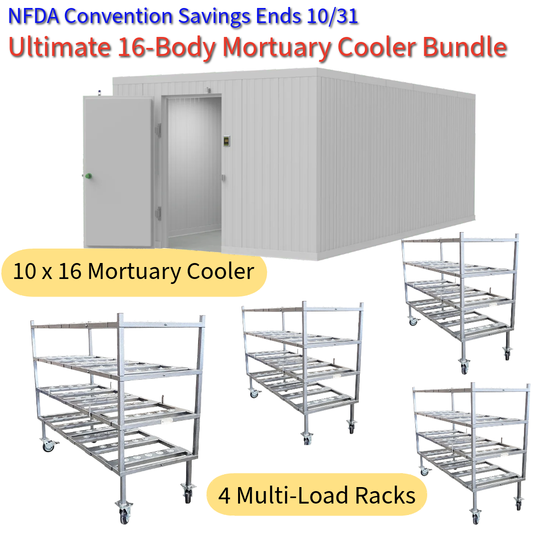 Professional mortuary lift and racking system inside cold storage unit — ergonomic body handling equipment by American Mortuary Cooler Authority.