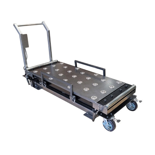 Mortuary technician using hydraulic HD 1000 Lift System to position tray on upper tier of multi-directional mortuary rack.