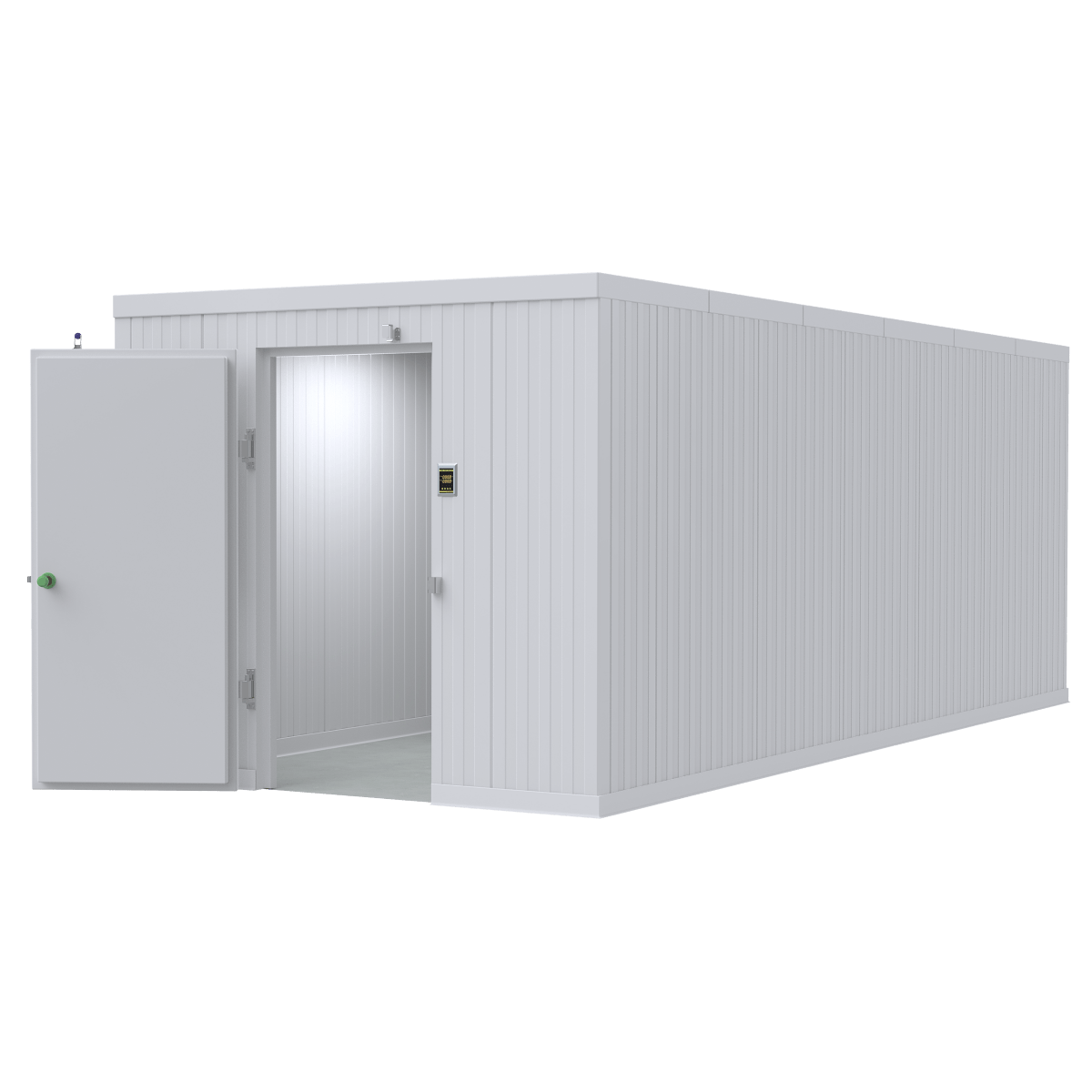 Walk-in morgue cooler with door open for easy access, featuring durable stainless steel construction and advanced insulation — one of the highest-rated mortuary coolers for professional funeral homes and medical facilities.