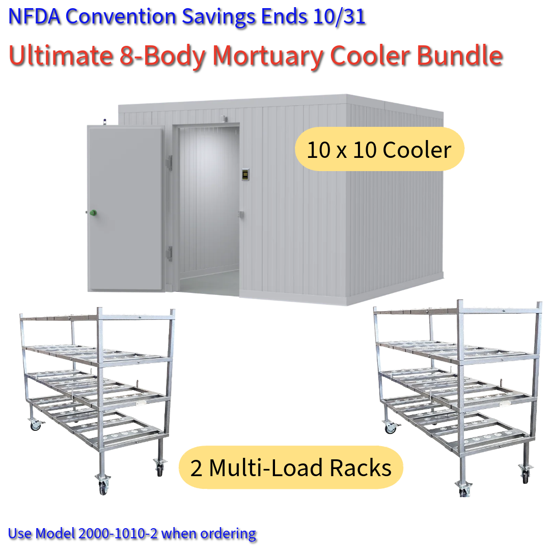 Front view of walk-in mortuary cooler with stainless steel multi-tier mortuary racking system, built by American Mortuary Cooler Authority.