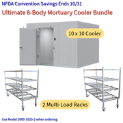 Front view of walk-in mortuary cooler with stainless steel multi-tier mortuary racking system, built by American Mortuary Cooler Authority.