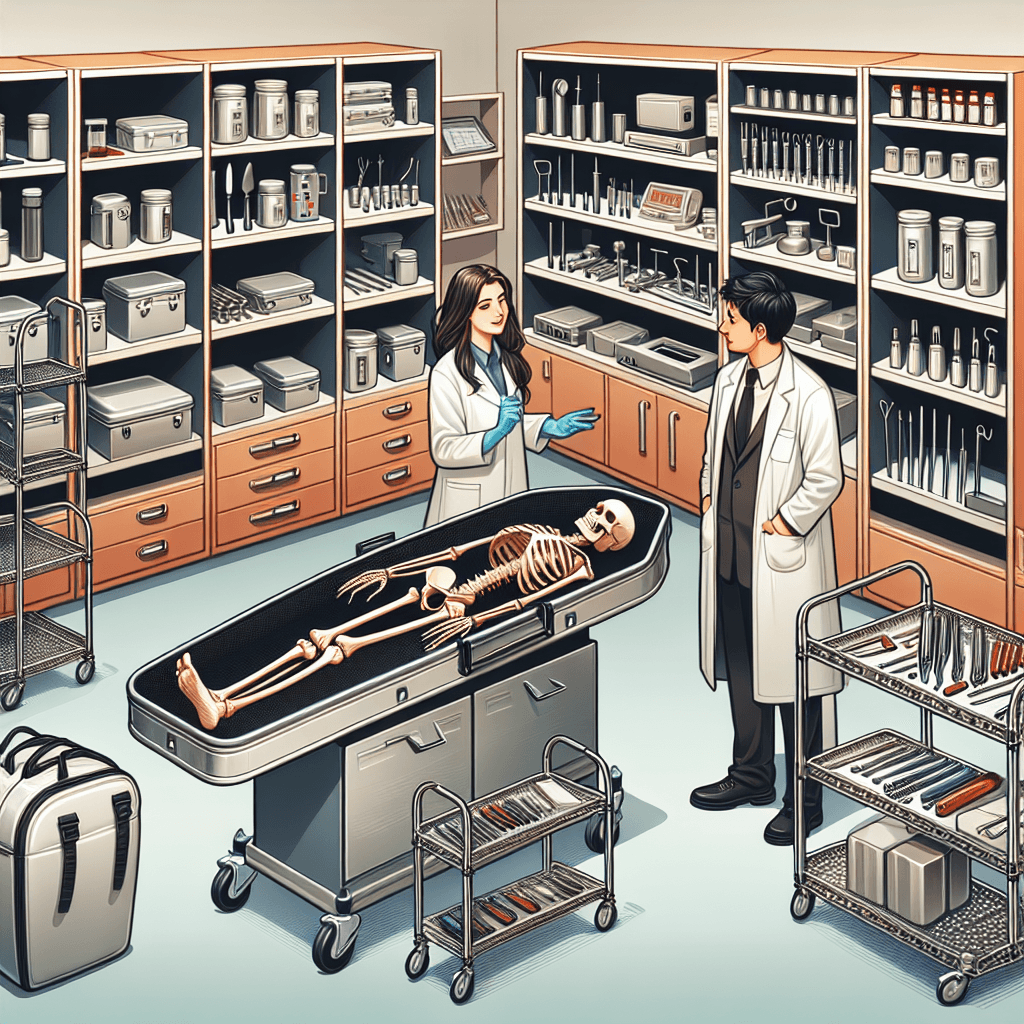 Morgue equipment suppliers showcasing tools and supplies in a funeral home setting with professionals discussing essentials.