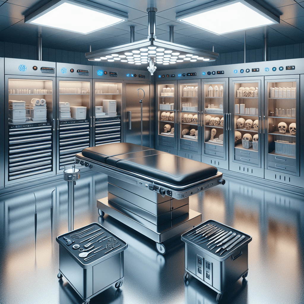Modern morgue interior with stainless steel table, storage units, and surgical tools for efficient cadaver management.