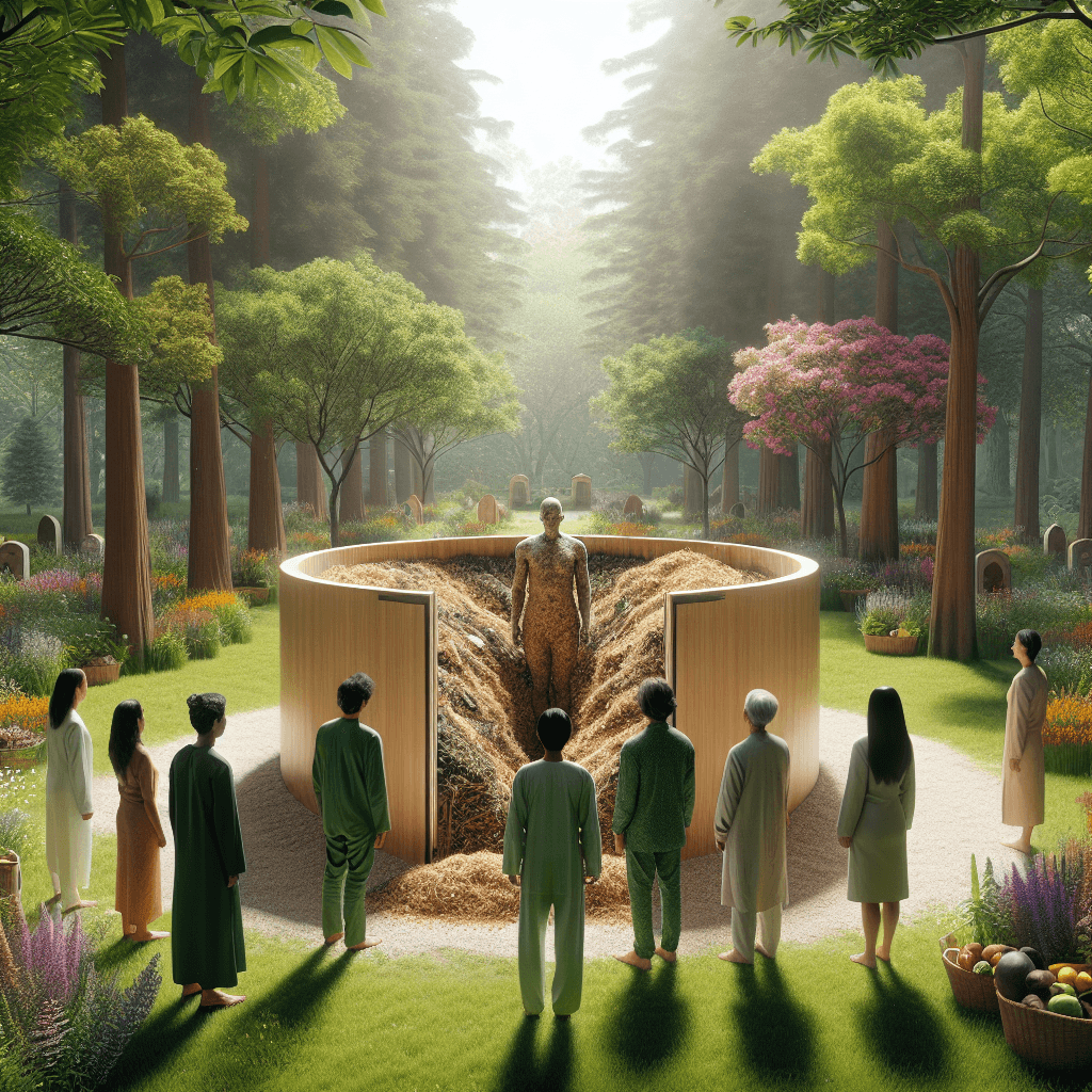 A serene forest scene depicting a body composting ceremony with participants surrounding a preparation area.