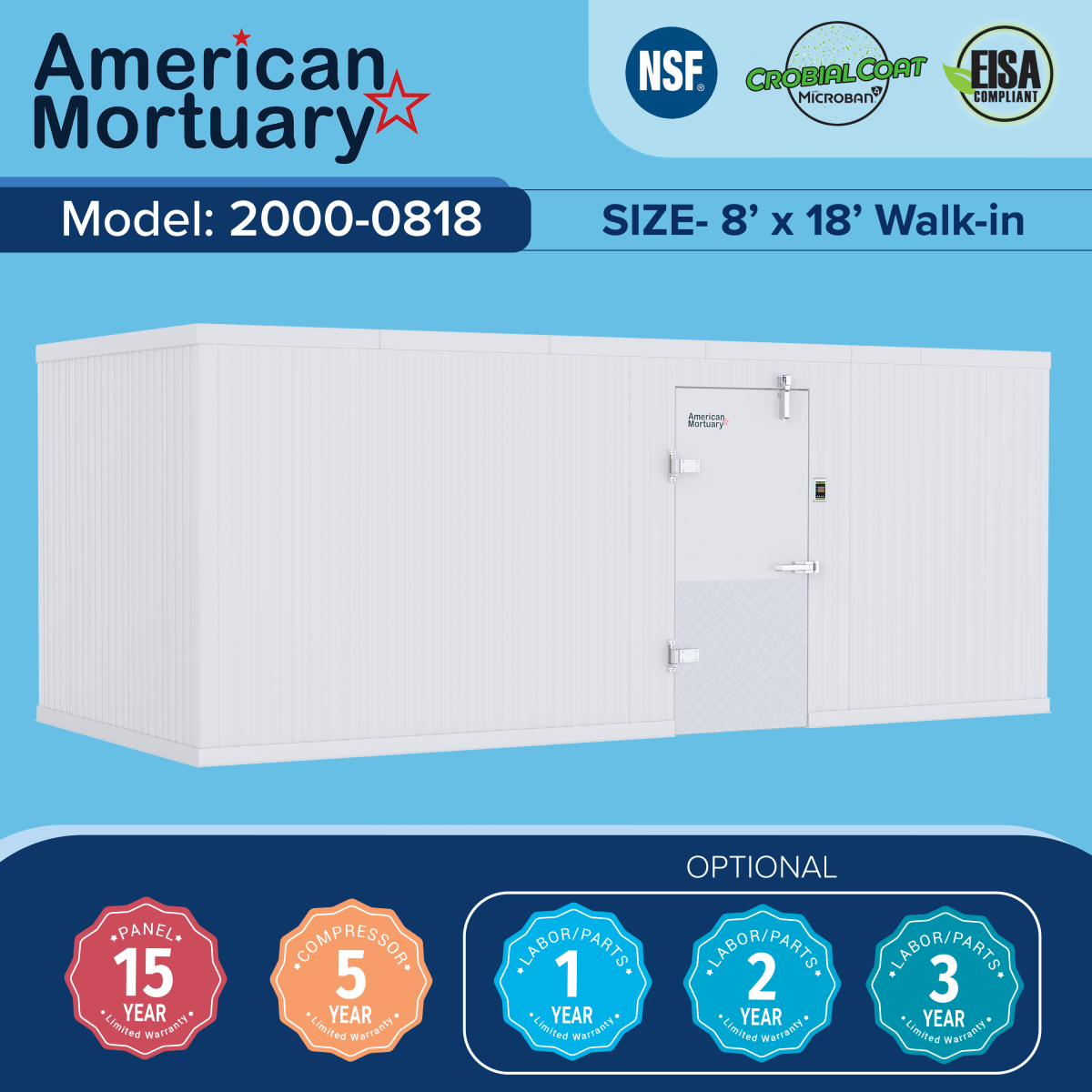 A professional-grade, stainless steel walk-in body freezer with multiple trays, showcasing the high-performance cold storage solutions from Body Freezer Authority. The image highlights the secure, commercial design of the unit.
