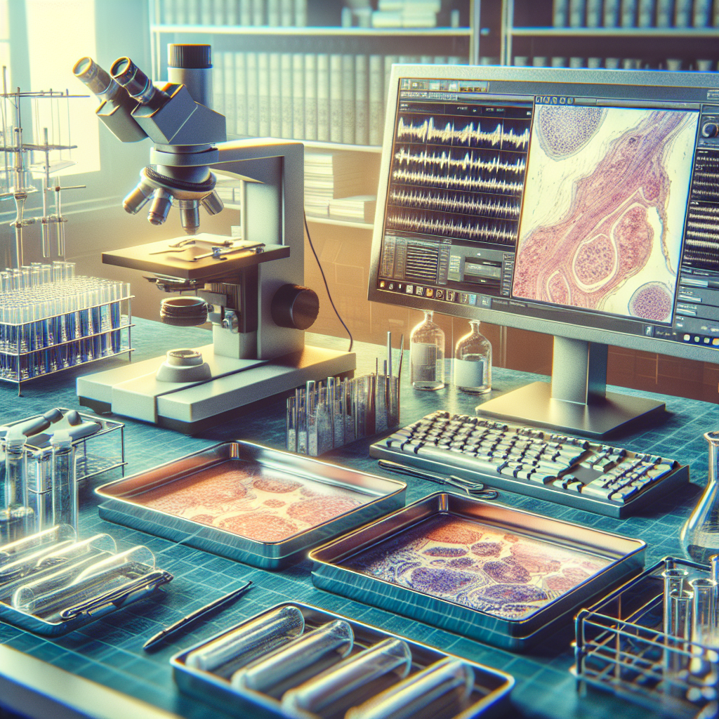 Forensic pathologist performing an autopsy using specialized instruments and equipment in a forensic lab setting.