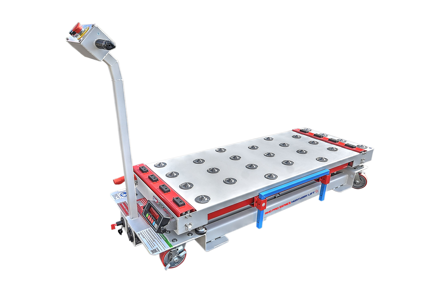 American-made mortuary lift system capable of lifting 1200 lbs, designed for efficient handling of deceased individuals in funeral homes, showcasing durability and safety features.