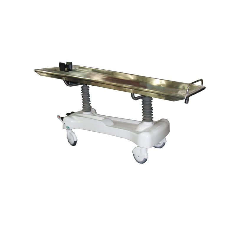 Hydraulic-style embalming table featuring adjustable height and angle settings, designed for ergonomic use in funeral homes and mortuaries, providing a stable and hygienic surface for the embalming process.