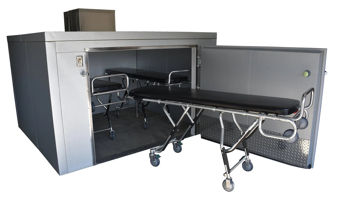 A modern, spacious mortuary cooler from American Mortuary Coolers, capable of handling the needs of high-volume cremation services.