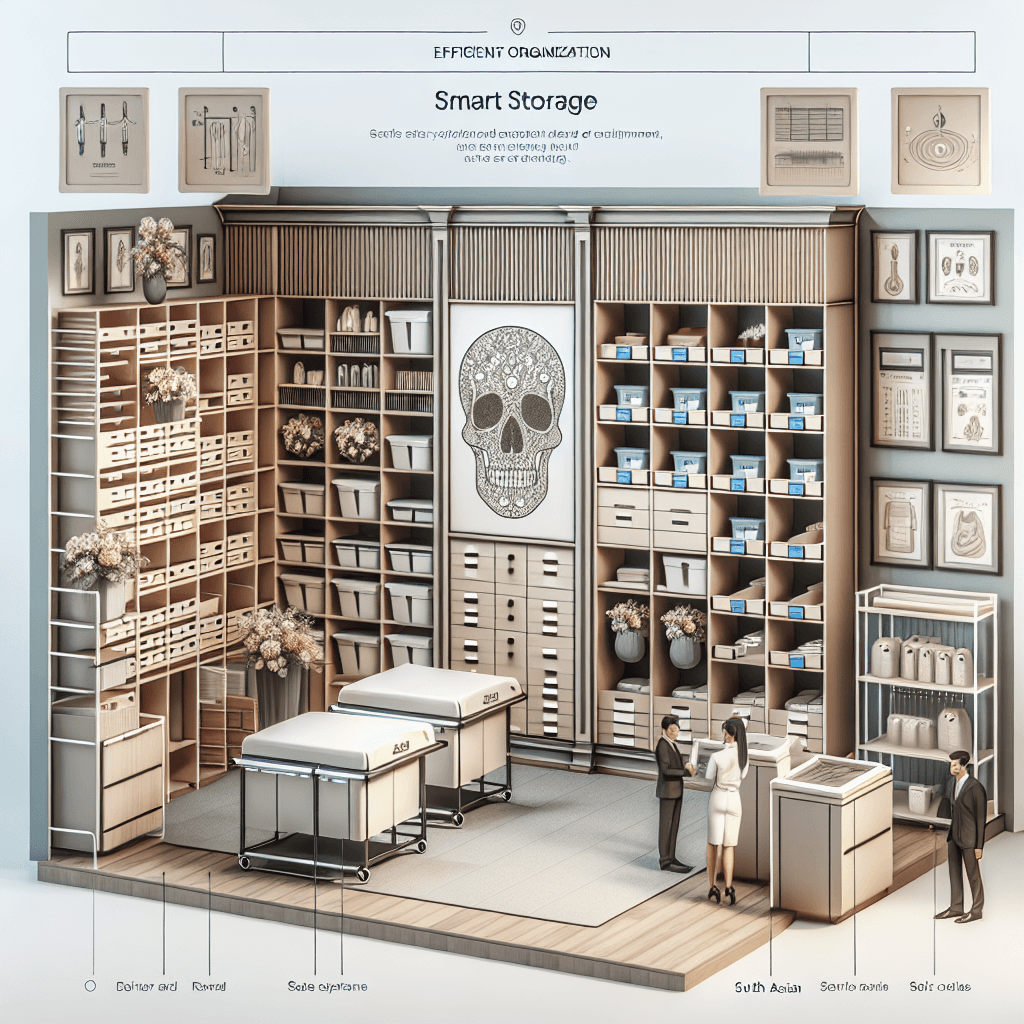 Illustration of an organized funeral home with smart storage solutions and efficient rack systems.