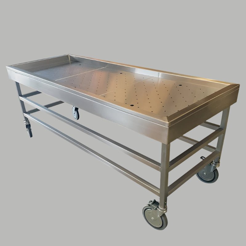 Stainless steel embalming table with water control – durable prep room station