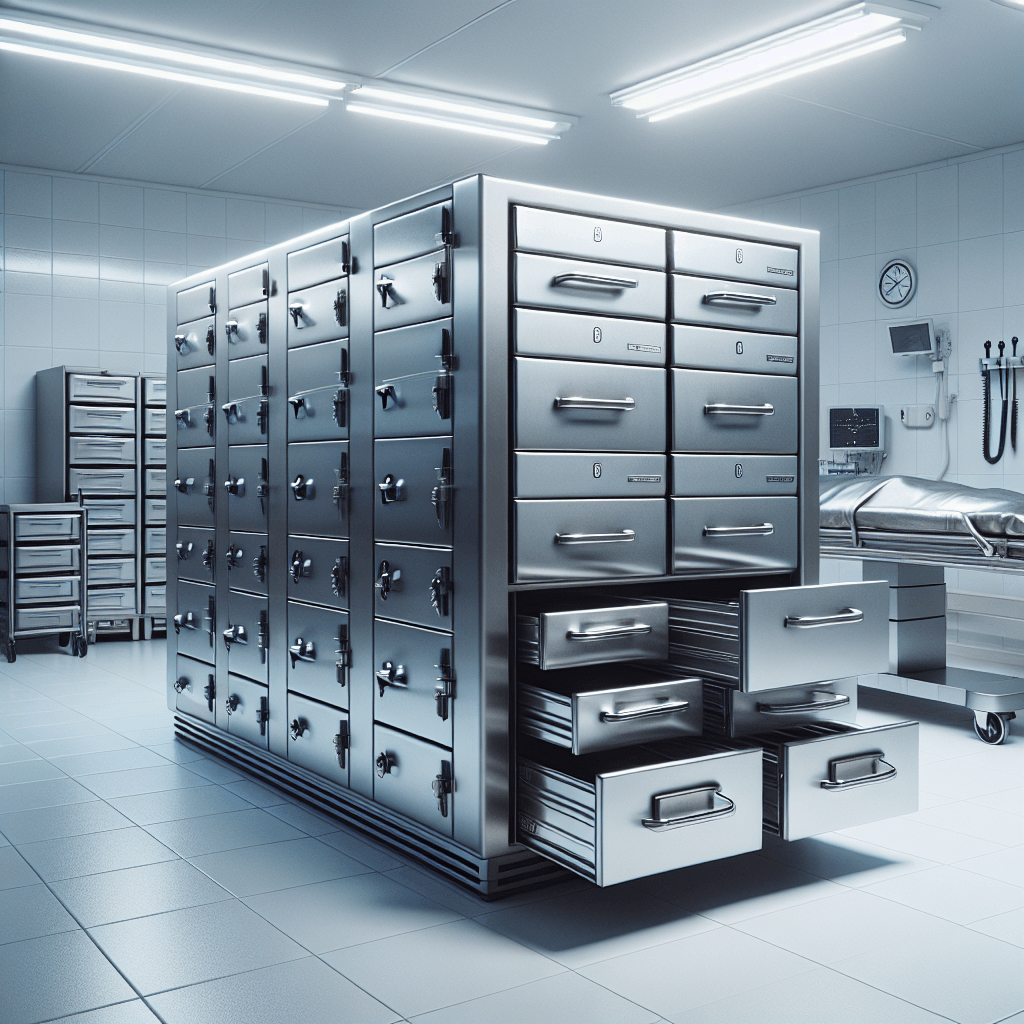 Modern mortuary cooler storage system with multiple drawers for efficient body storage and temperature control.