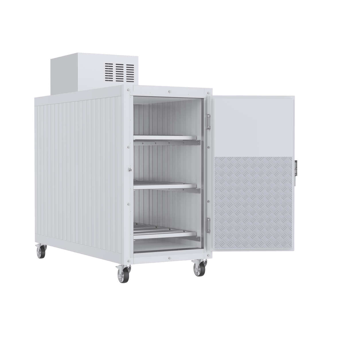 Three-body stainless steel mortuary cooler showing the interior body rack system with sliding trays for efficient storage and easy access inside a professional morgue unit.