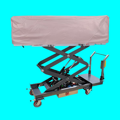 Scissor lift table with a cover on a white background
