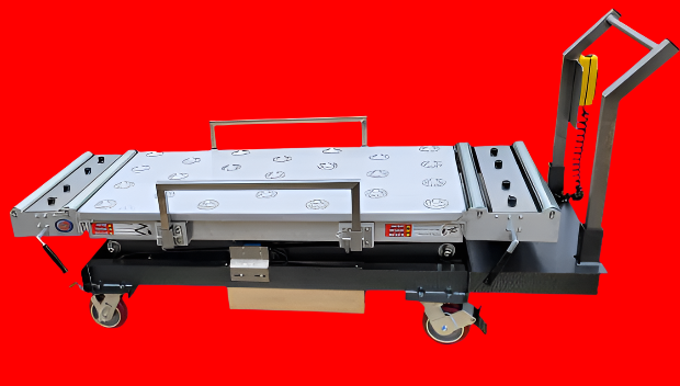 Product page for a cadaver transport scissor lift on a website with a black border.
