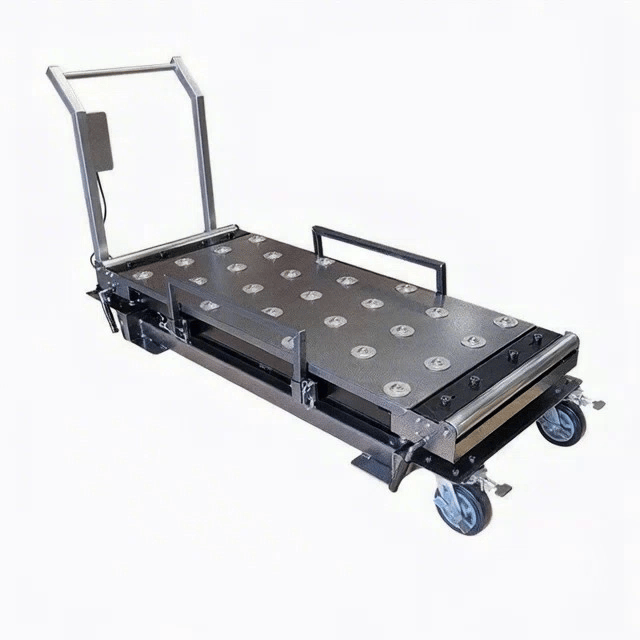 Heavy-duty hydraulic mortuary lift system raising a transfer cot/tray for safe, strain-free body handling in the prep room.