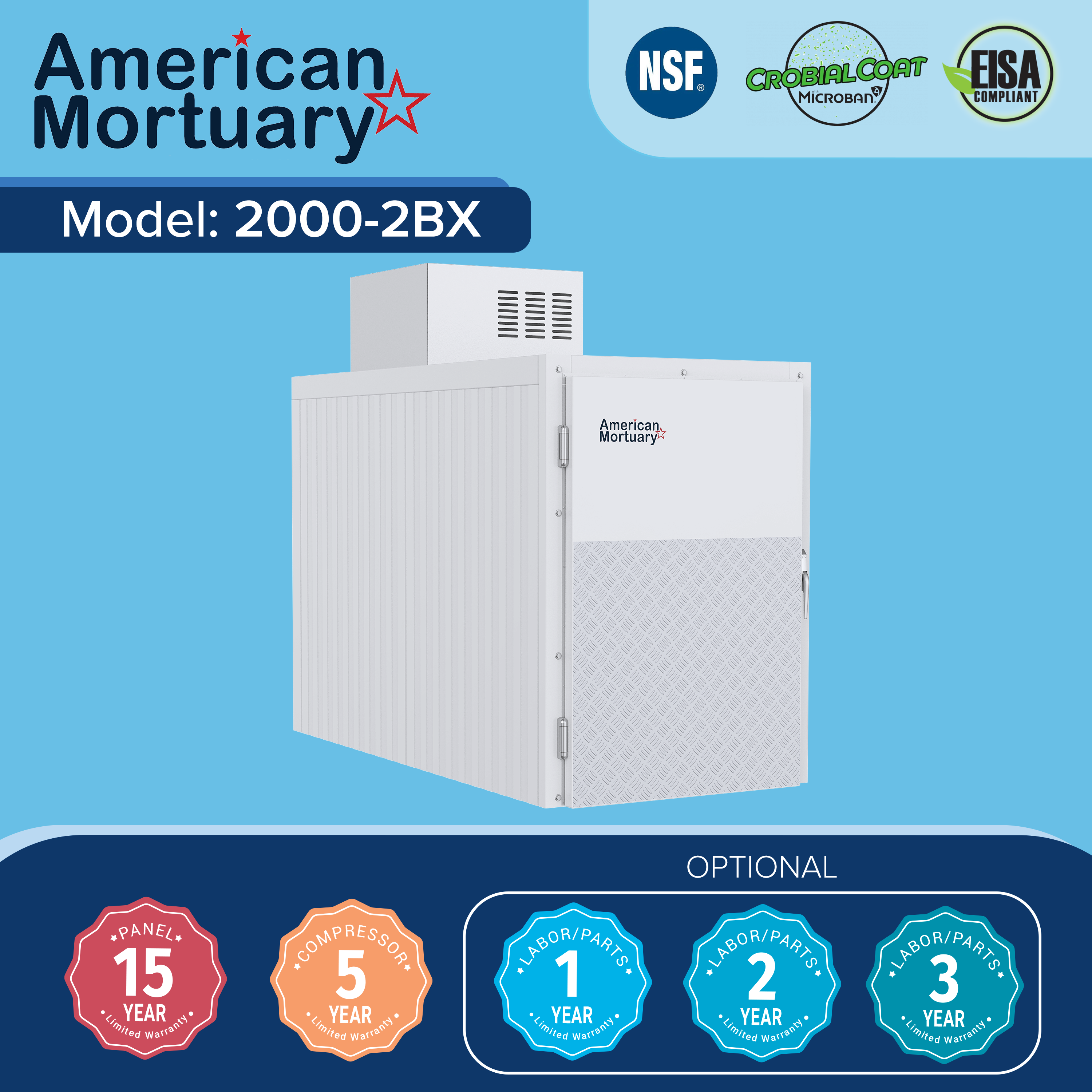 OSHA approved Model 2000-2BX-C two body roll-in mortuary cooler, USA made