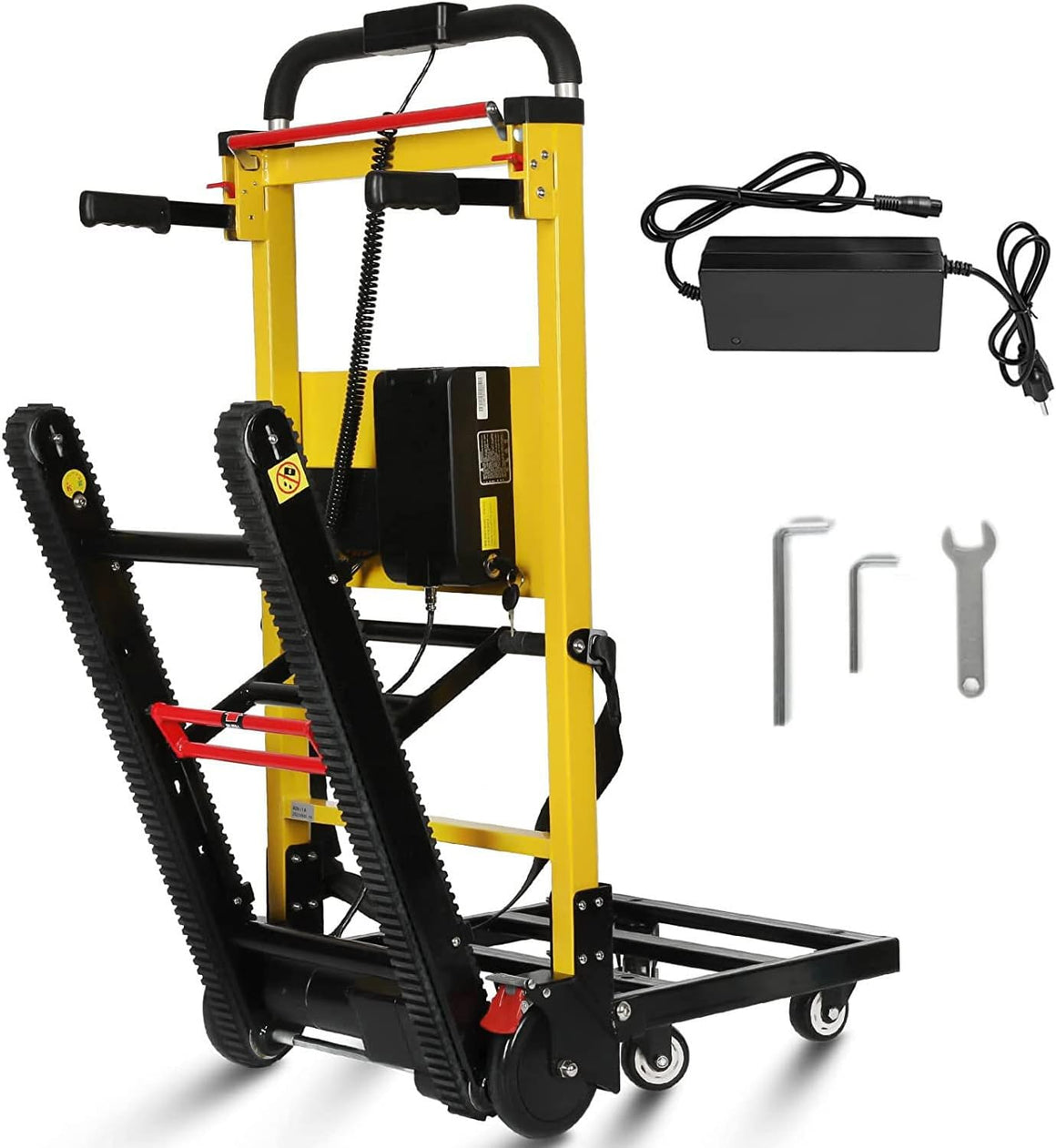 Reliable powered hand truck effortlessly navigating stairs with a heavy load.