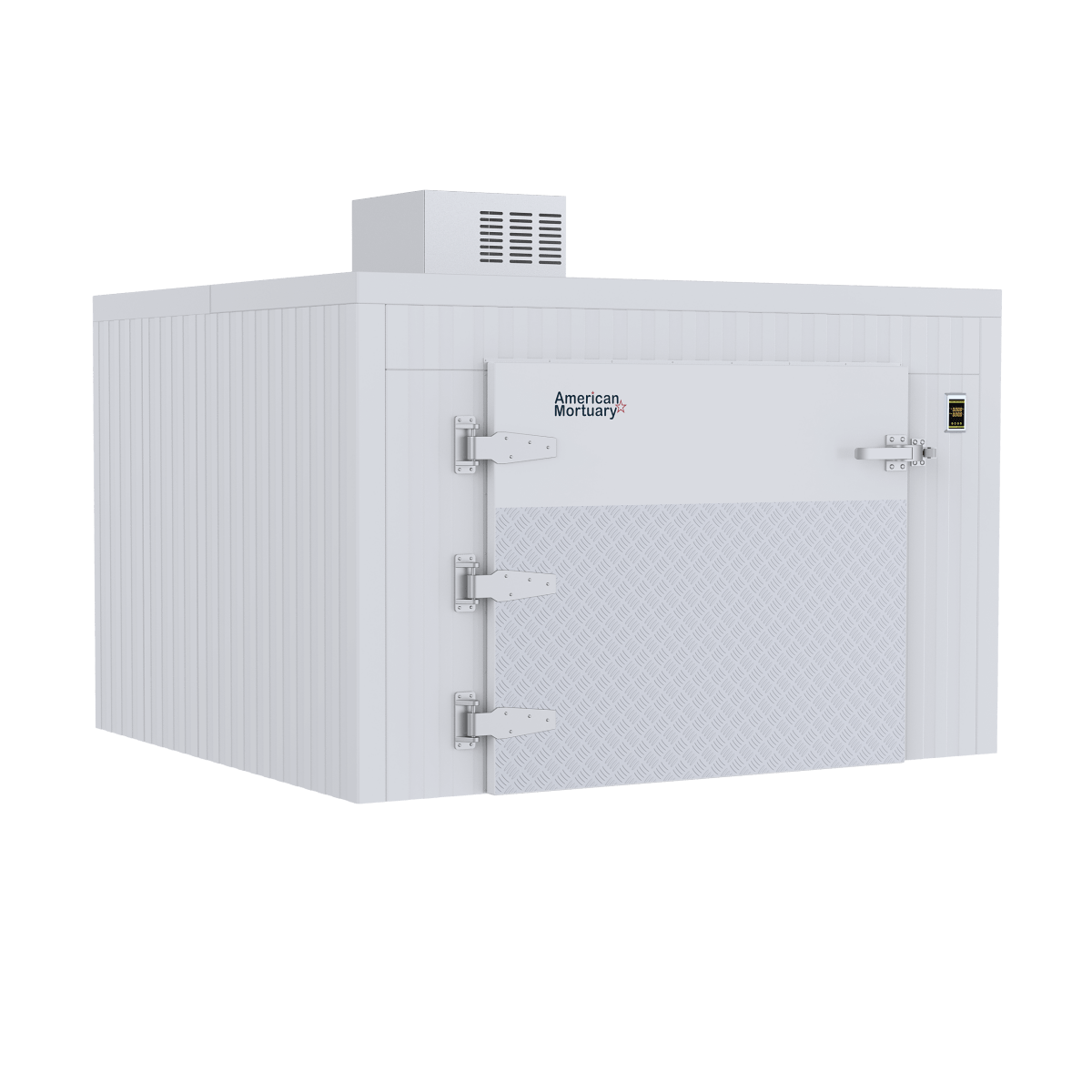 “Three-body roll-in mortuary cooler with energy-efficient compressor, OSHA and EPA compliant refrigeration system for funeral homes.”
