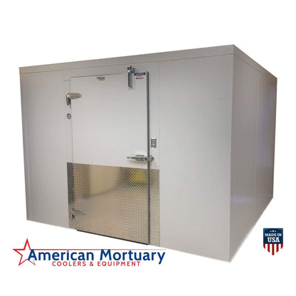 Morgue cooler, 10 foot by 10 foot, with interior shelving. Used for body storage."