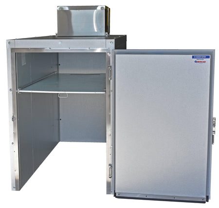 Image of an oversized 2-body mortuary cadaver cooler, used in funeral homes, morgues, and medical facilities