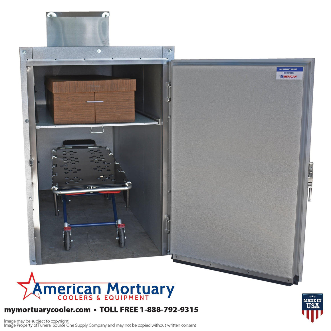 Photo of an extra-wide mortuary refrigerator, designed to hold two bodies, highlighting its spacious interior.