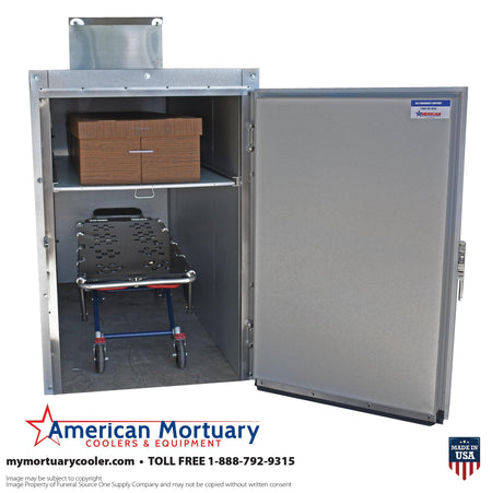 Photo of an extra-wide mortuary refrigerator, designed to hold two bodies, highlighting its spacious interior.