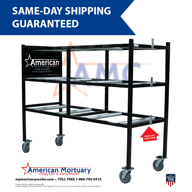Heavy-Duty 3-Tier End Loading Mortuary Rack for Funeral Homes, Crematoriums, and Mortuary Coolers