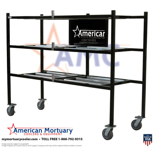 Alt text: Durable steel mortuary rack, 3-tier side loading, illustrating its use in morgues and funeral homes, with quick ship and custom powder coat colors available.