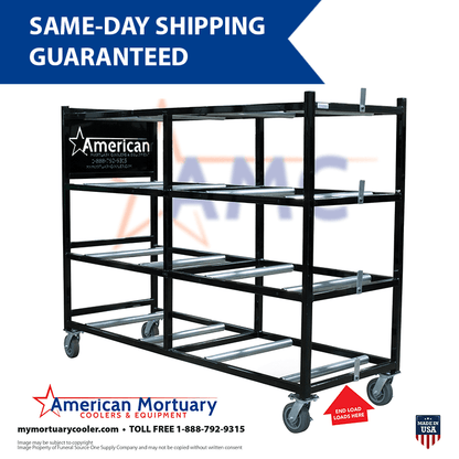 4 Tier American Mortuary Coolers End Loading Mortuary Roller Rack LOW PROFILE - American Mortuary Coolers Powered by Funeral Source One Supply Company 