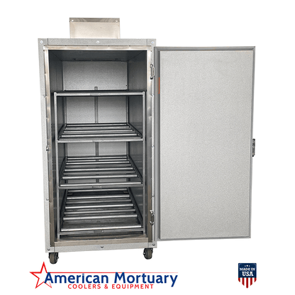 Extra-large 4-body mortuary refrigeration unit, 4BX model, with 26-gauge Acrylume/Embossed panels, American-made.