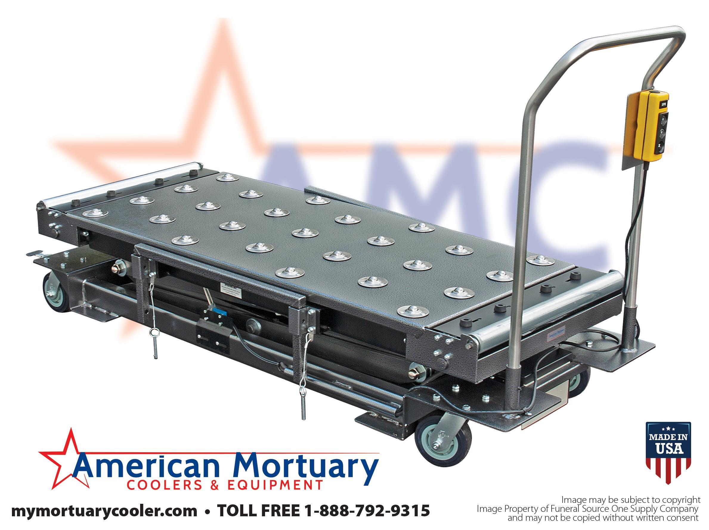 Image of the crematory lift with adjustable height, demonstrating its versatility for caskets, cremation boxes, and body trays, used in pet cremation.