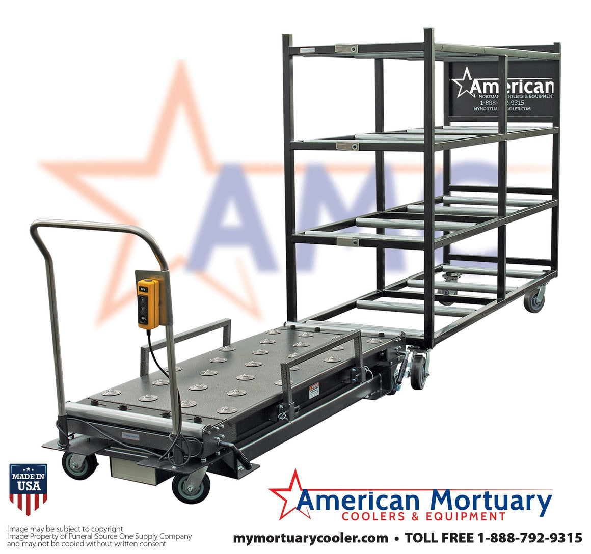 Electric mortuary lift with 12V DC operation, showcasing its ergonomic design and non-slip surface for secure body handling