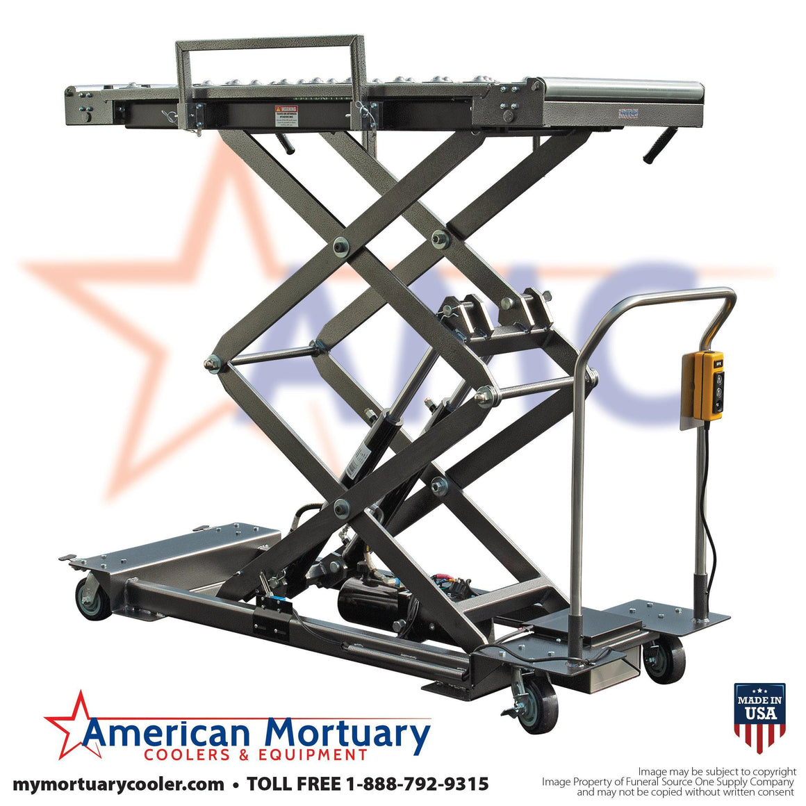 Photo of the electric coroners lift, showing its large top surface and optional digital weight scale, used for precise measurements in mortuary settings.