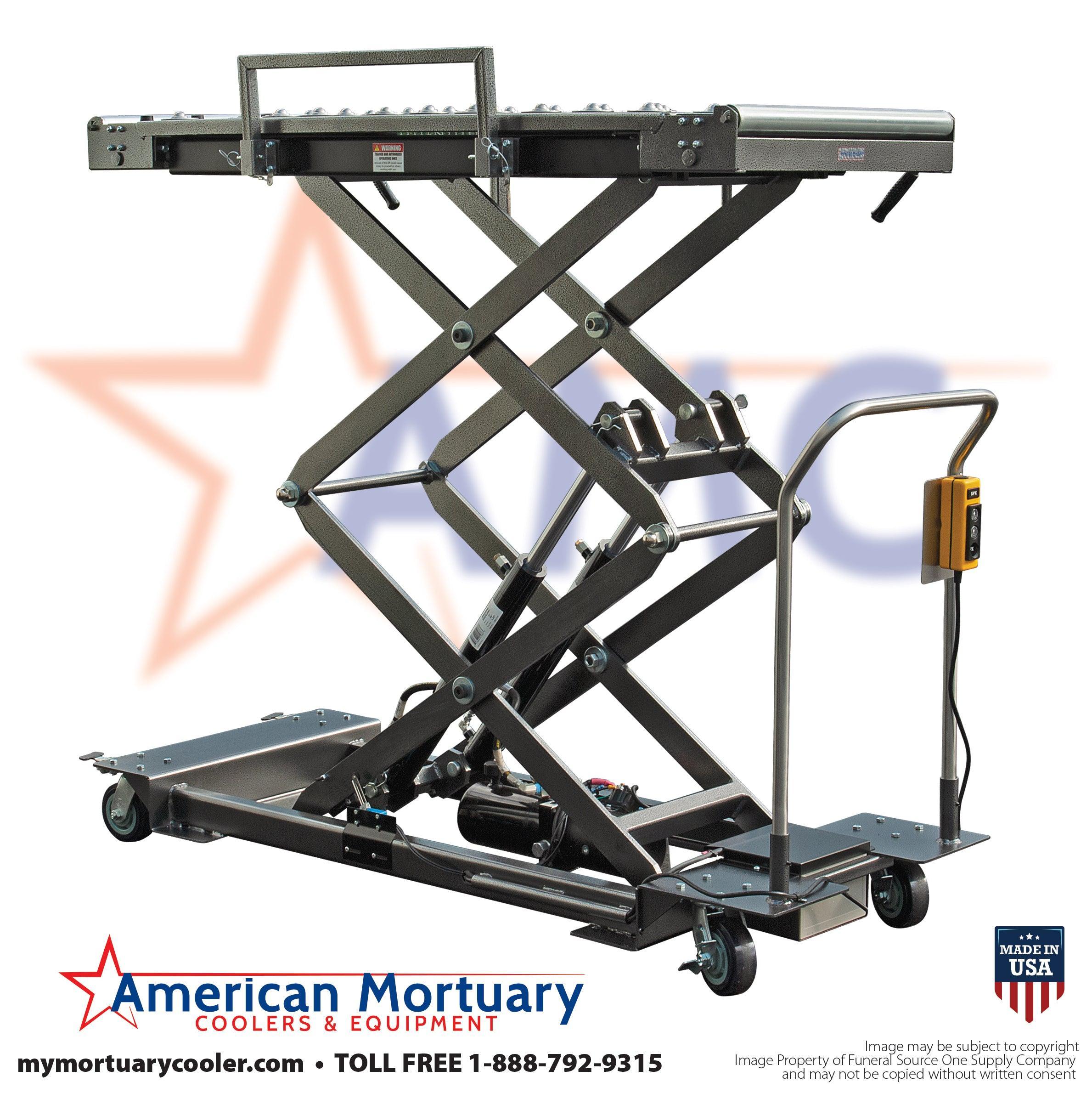 Photo of the electric coroners lift, showing its large top surface and optional digital weight scale, used for precise measurements in mortuary settings.