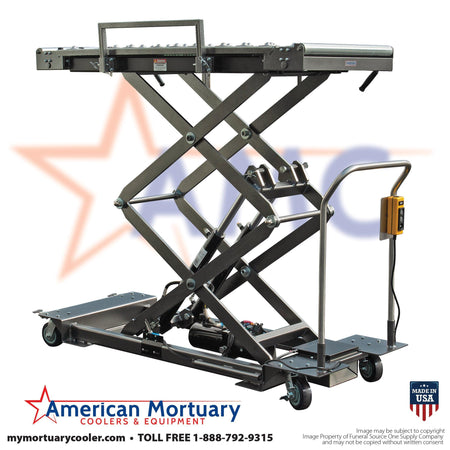 Photo of the electric coroners lift, showing its large top surface and optional digital weight scale, used for precise measurements in mortuary settings.
