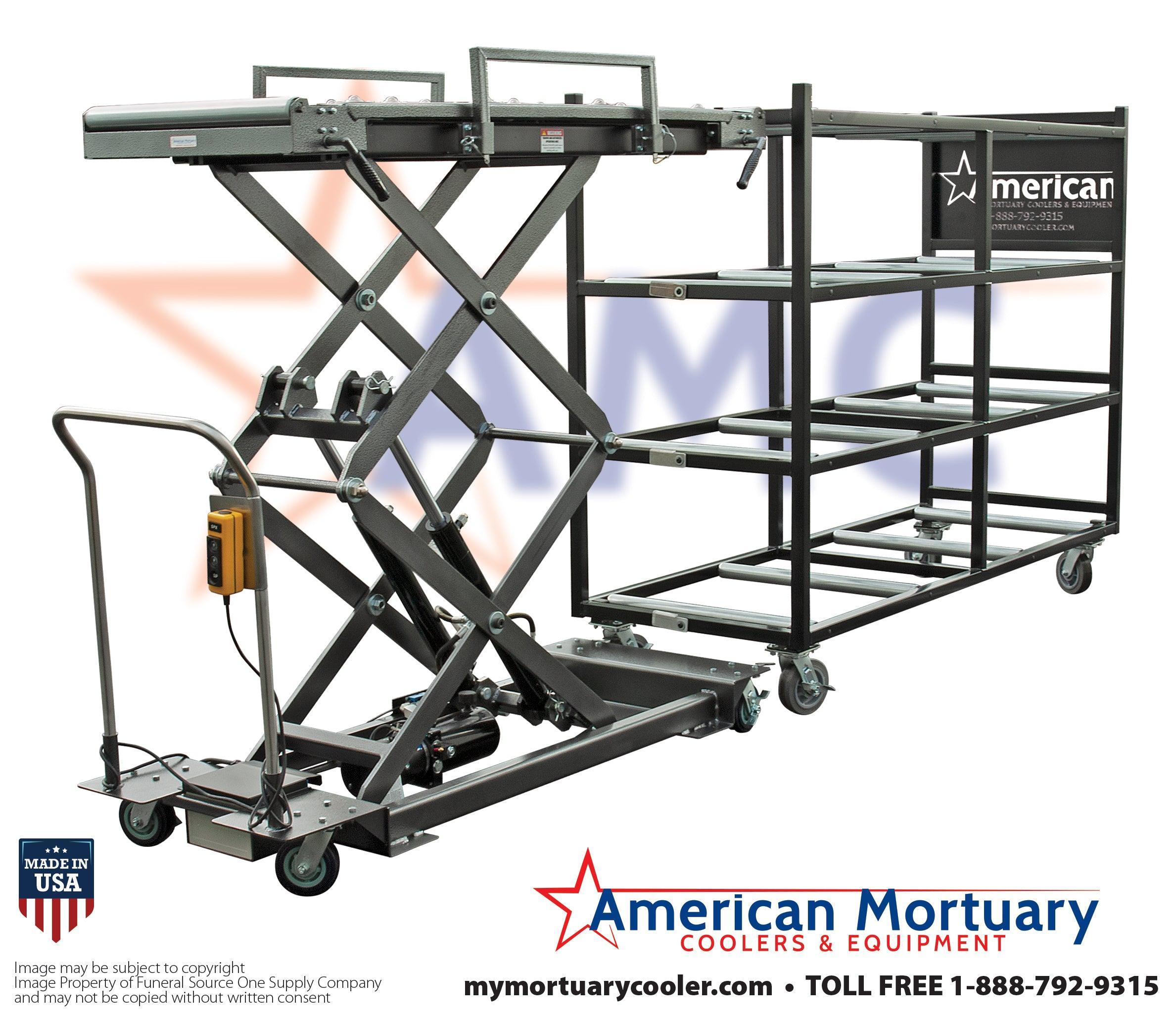Photo of the mortuary scissors lift, demonstrating its heavy-duty construction and multi-directional rollers, designed for reliable and efficient body transfers in mortuaries and crematories