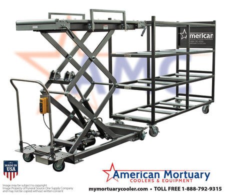 Photo of the mortuary scissors lift, demonstrating its heavy-duty construction and multi-directional rollers, designed for reliable and efficient body transfers in mortuaries and crematories