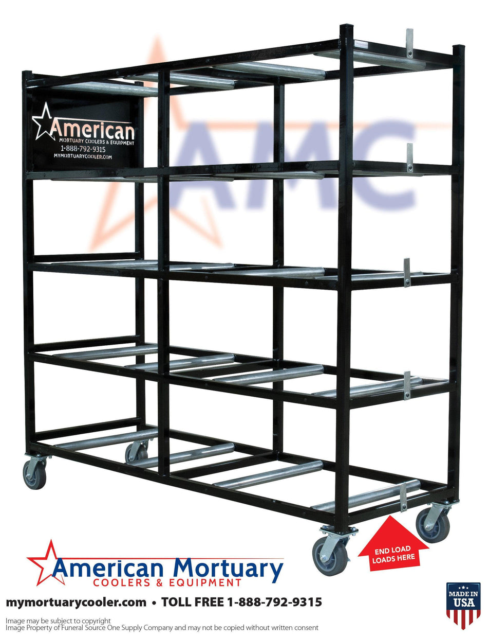 5-Tier End Loading Mortuary Roller Rack for Efficient Cadaver Storage | Ideal for Funeral Homes, Crematoriums, and Morgues

