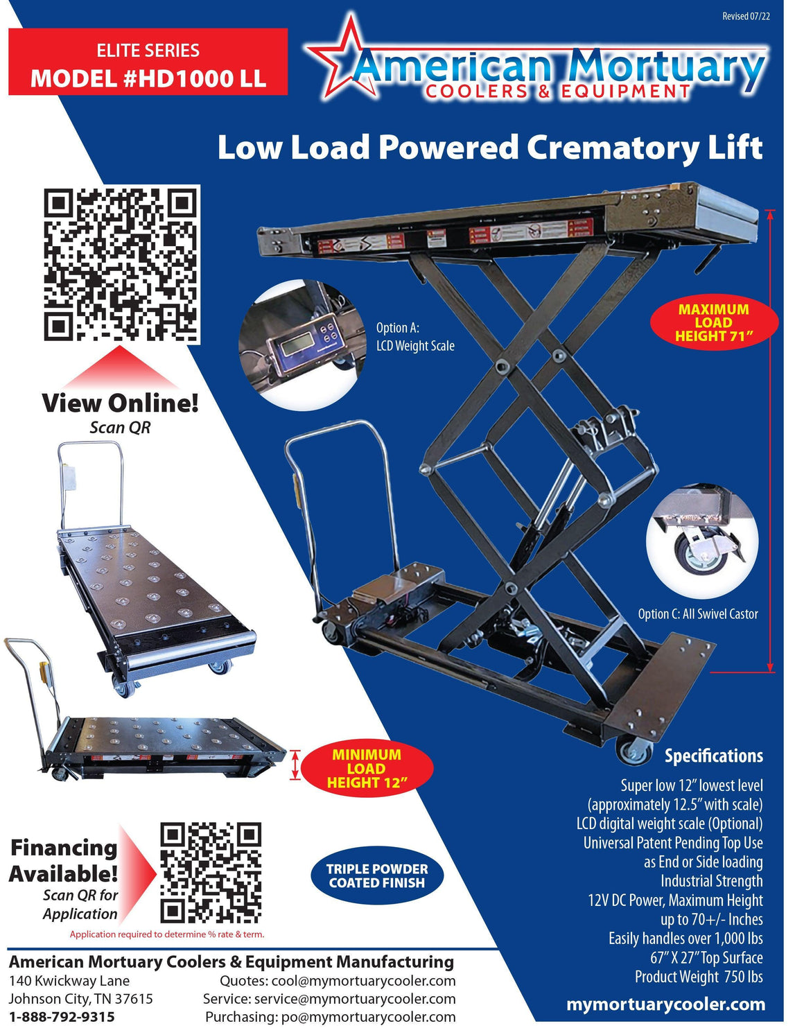 Photo of the electric coroners lift, showing its large top surface and optional digital weight scale, used for precise measurements in mortuary settings.