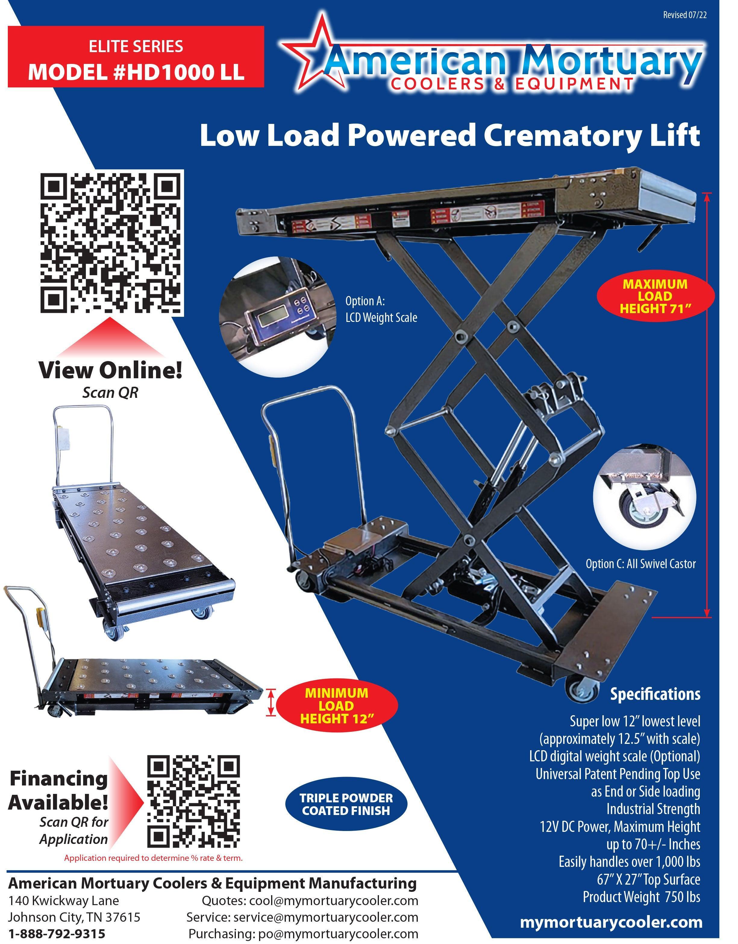 Photo of the electric coroners lift, showing its large top surface and optional digital weight scale, used for precise measurements in mortuary settings.