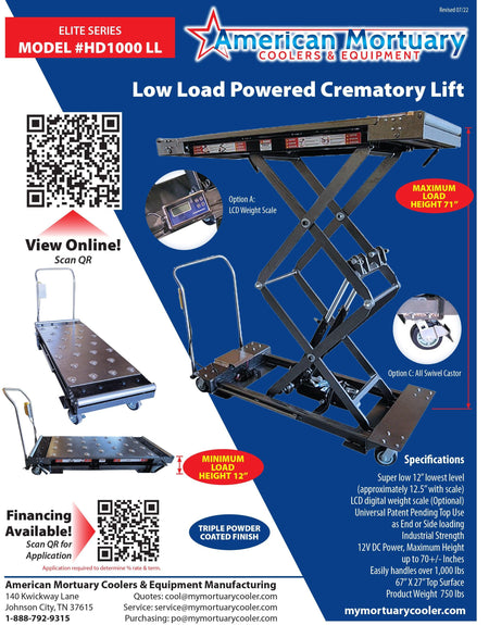 Photo of the electric coroners lift, showing its large top surface and optional digital weight scale, used for precise measurements in mortuary settings.