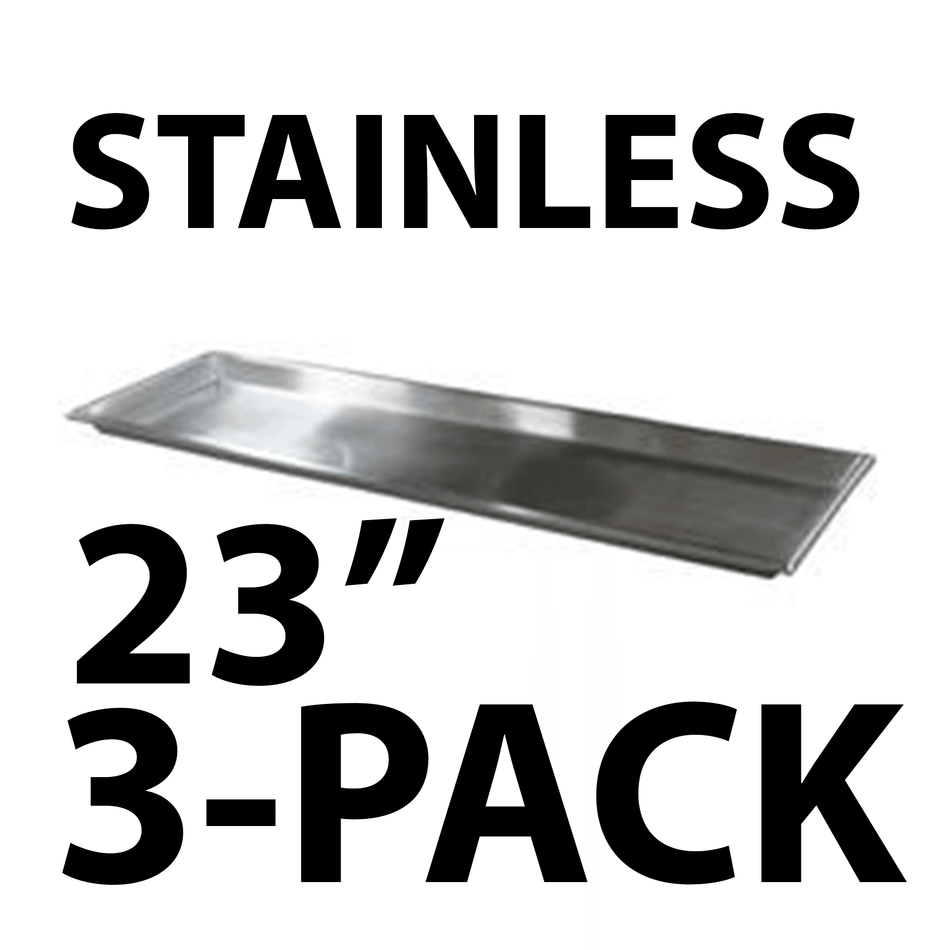 A 3-pack of heavy-duty stainless steel mortuary body trays with a smooth, sanitary finish.