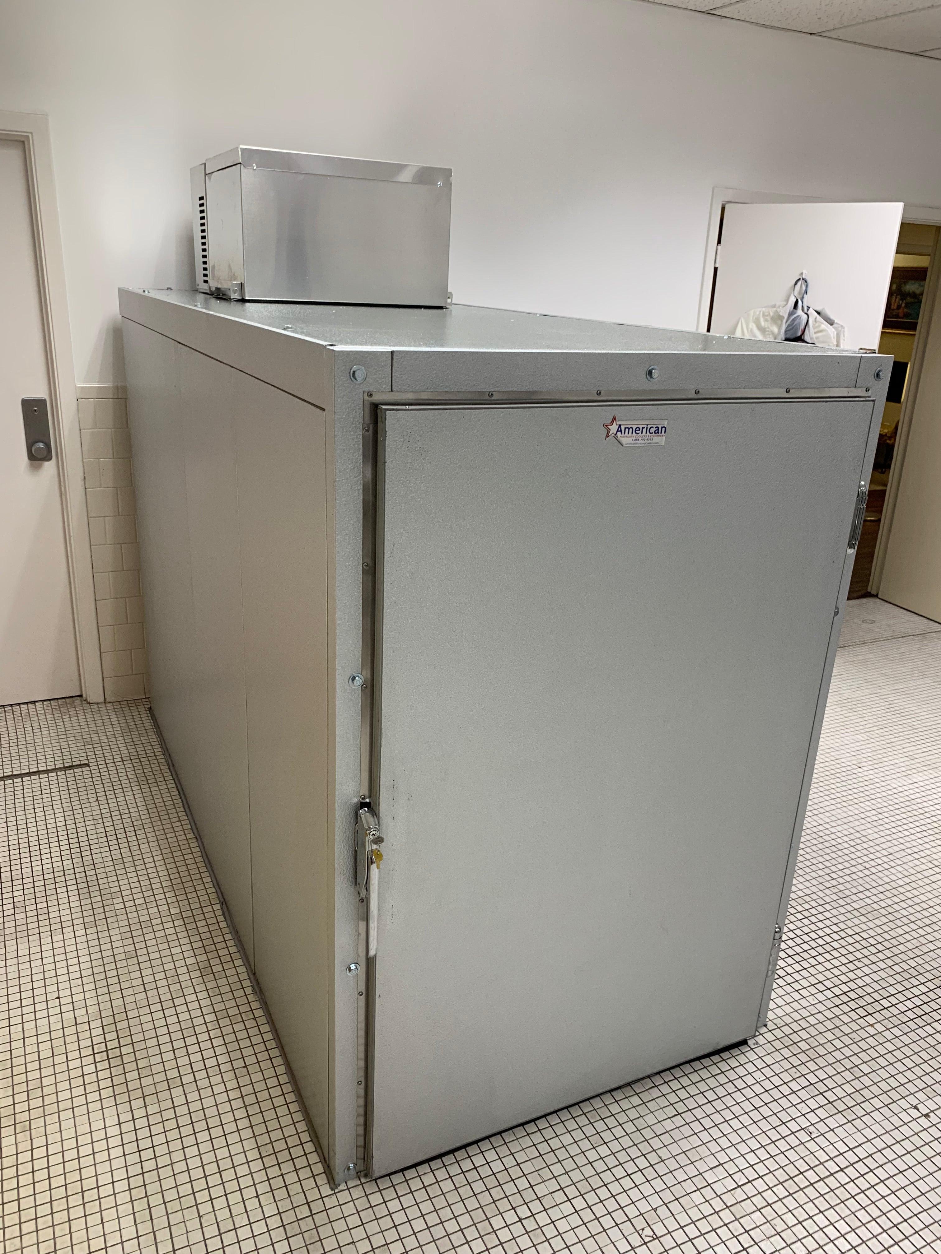 Photo of an oversized cadaver storage cooler, designed for water cremation and aquamation processes.
